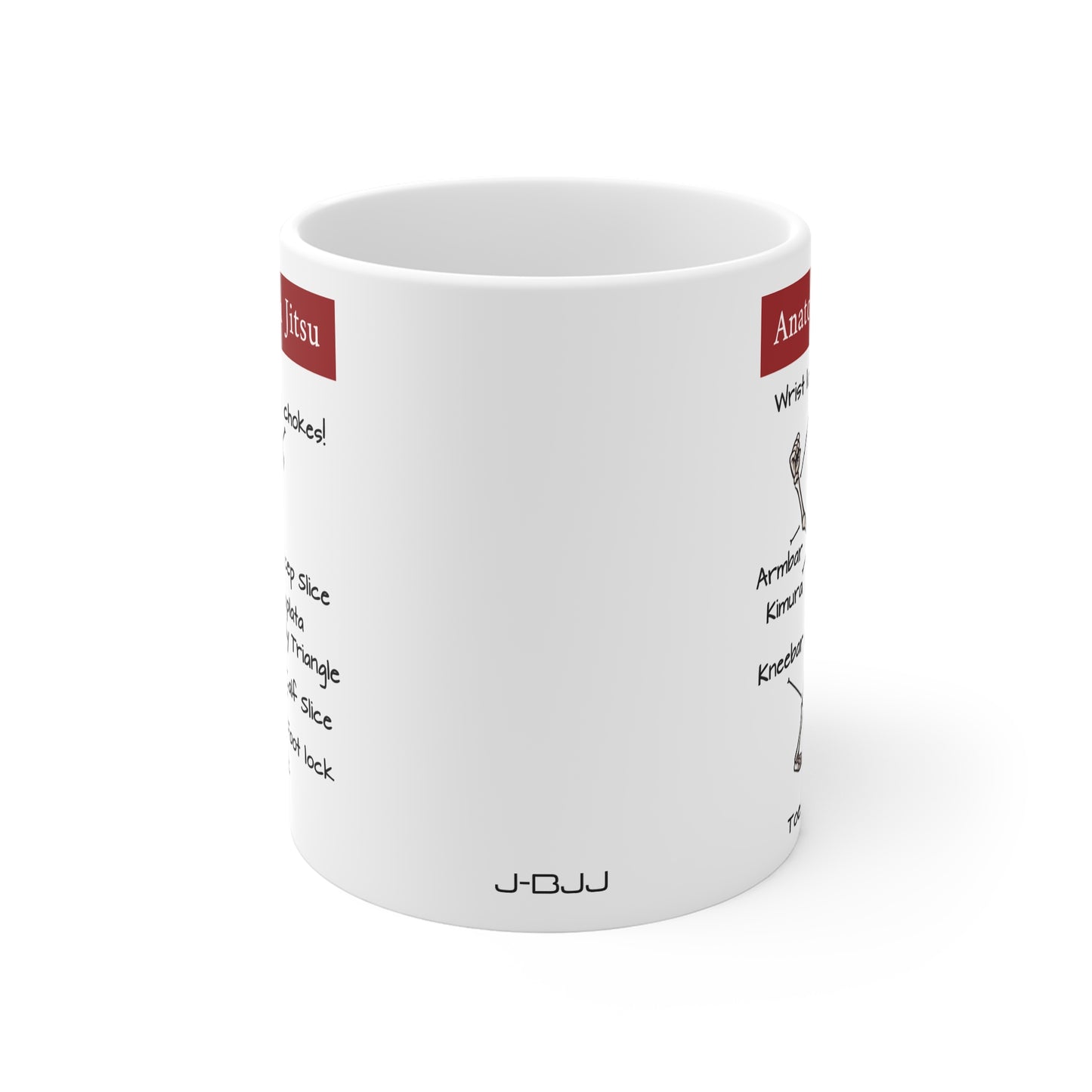 White mug with BJJ prints on a white background