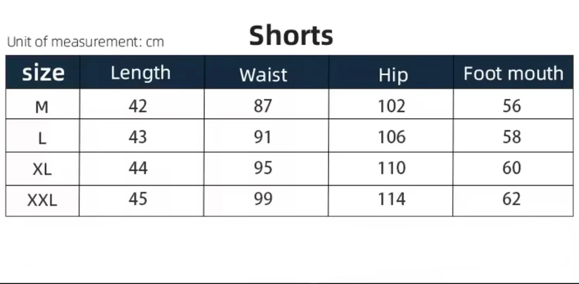Table displaying shorts size chart with measurements in centimeters
