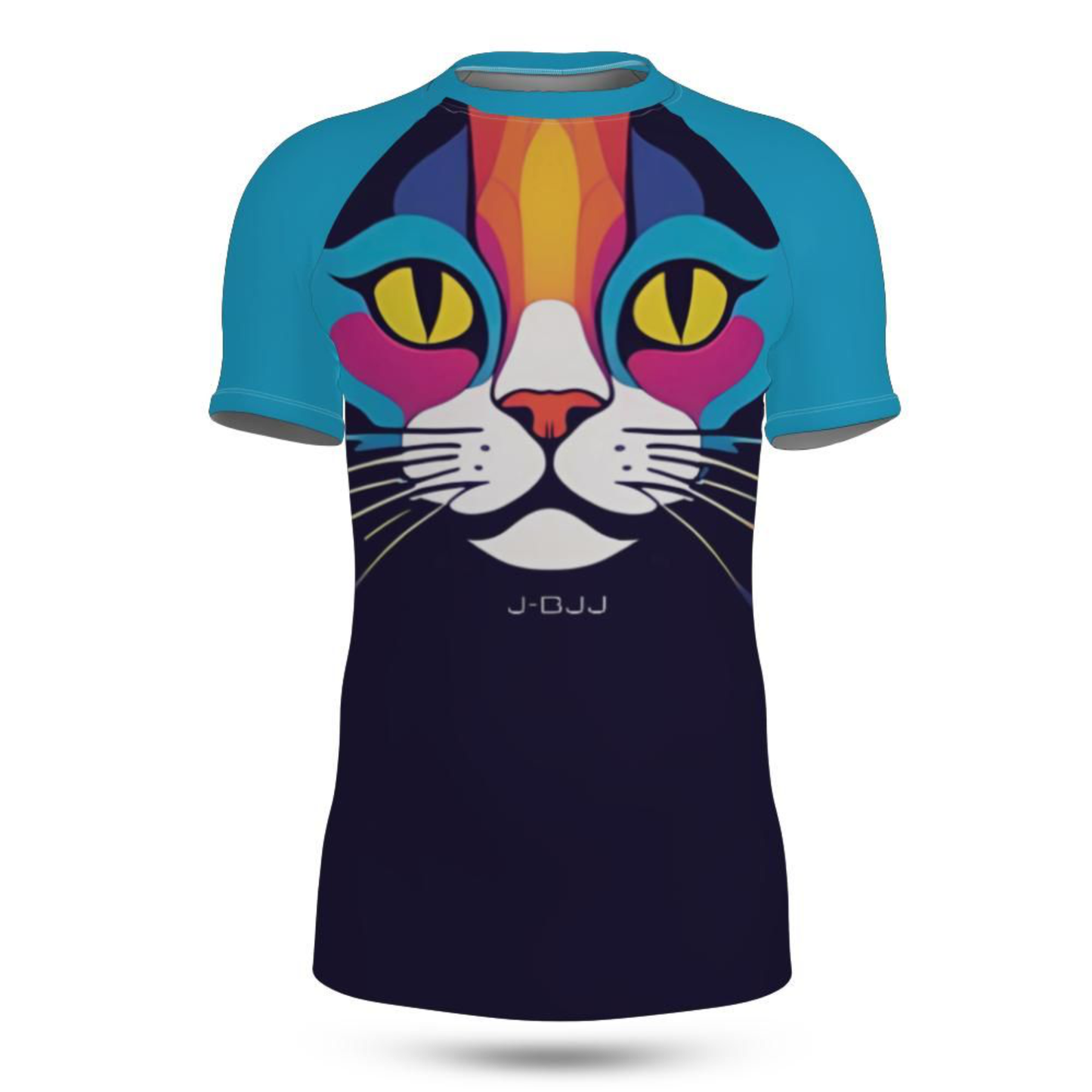 Jiu Jitsu rash guard with a colorful cat design on a white background