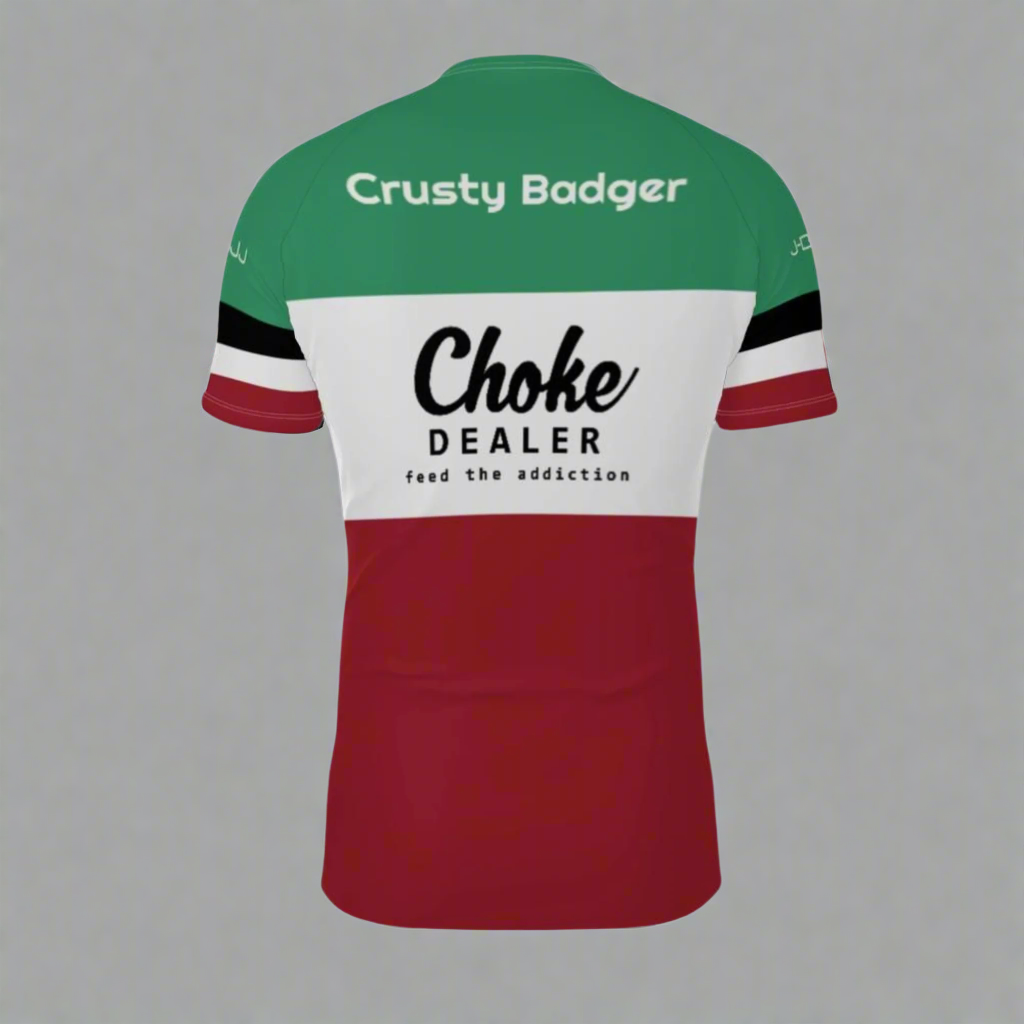 Green, white, and red BJJ rash guard with 'Crusty Badger' and 'Choke Dealer' text on a white background