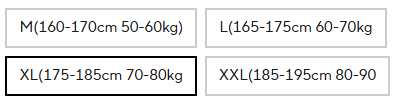 Size chart for rash guard with height and weight ranges.