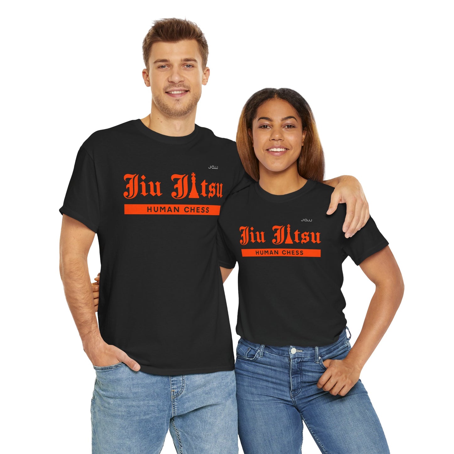 Two people wearing black Jiu Jitsu t-shirts with orange text on a white background