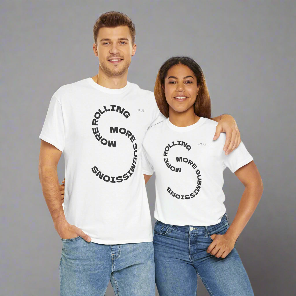 Two people wearing white more rolling Jiu Jitsu t-shirts with a circular text design on a white background