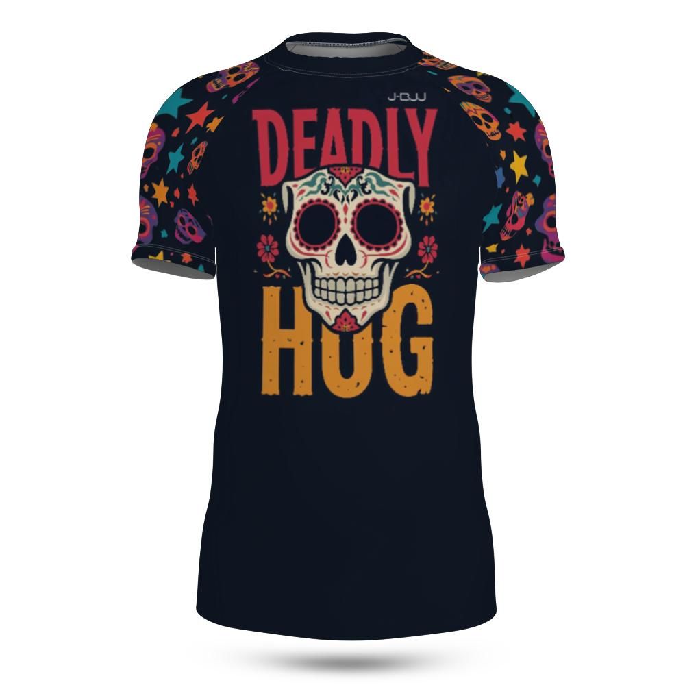 Blue rash guard with colorful skull design and 'Deadly Hug' text on a white background