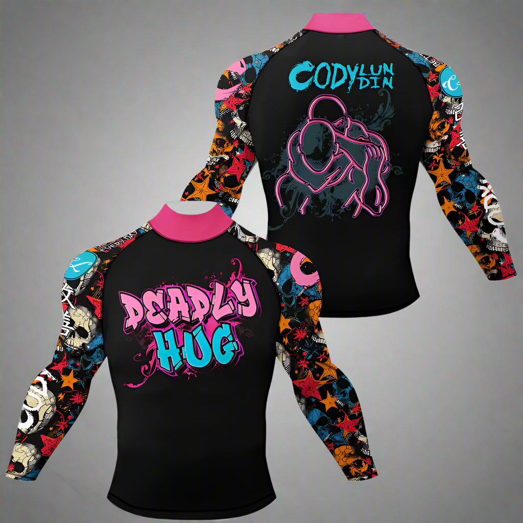 Black long-sleeve rash guard with colorful sleeves and graphic designs on a white background