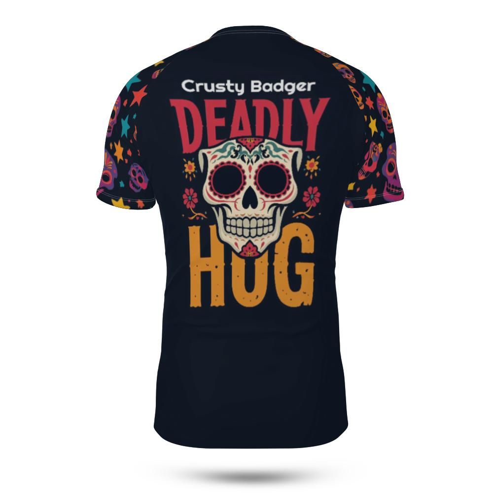 Dark blue rash guard with colorful skull design and text on a white background