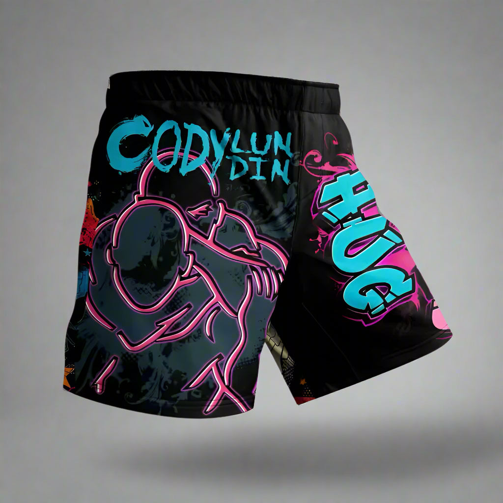 Black shorts with colorful graphics and text on a white background