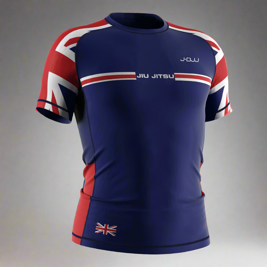 Union Jack Blue Jiu Jitsu rash guard with red and white accents on a white background