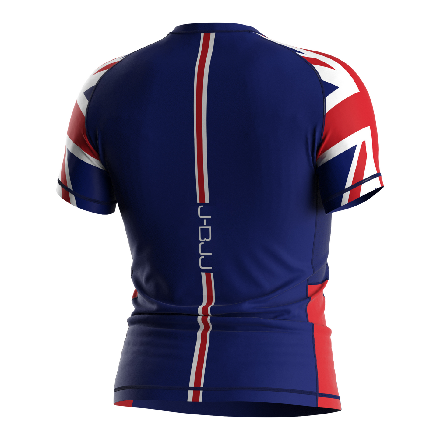 Blue jiu jitsu rash guard with Union Jack design on a white background