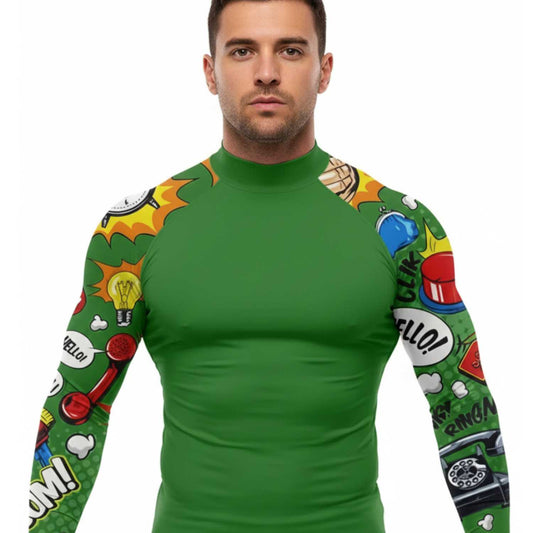 Man wearing a green rash guard with colorful graphic designs on sleeves
