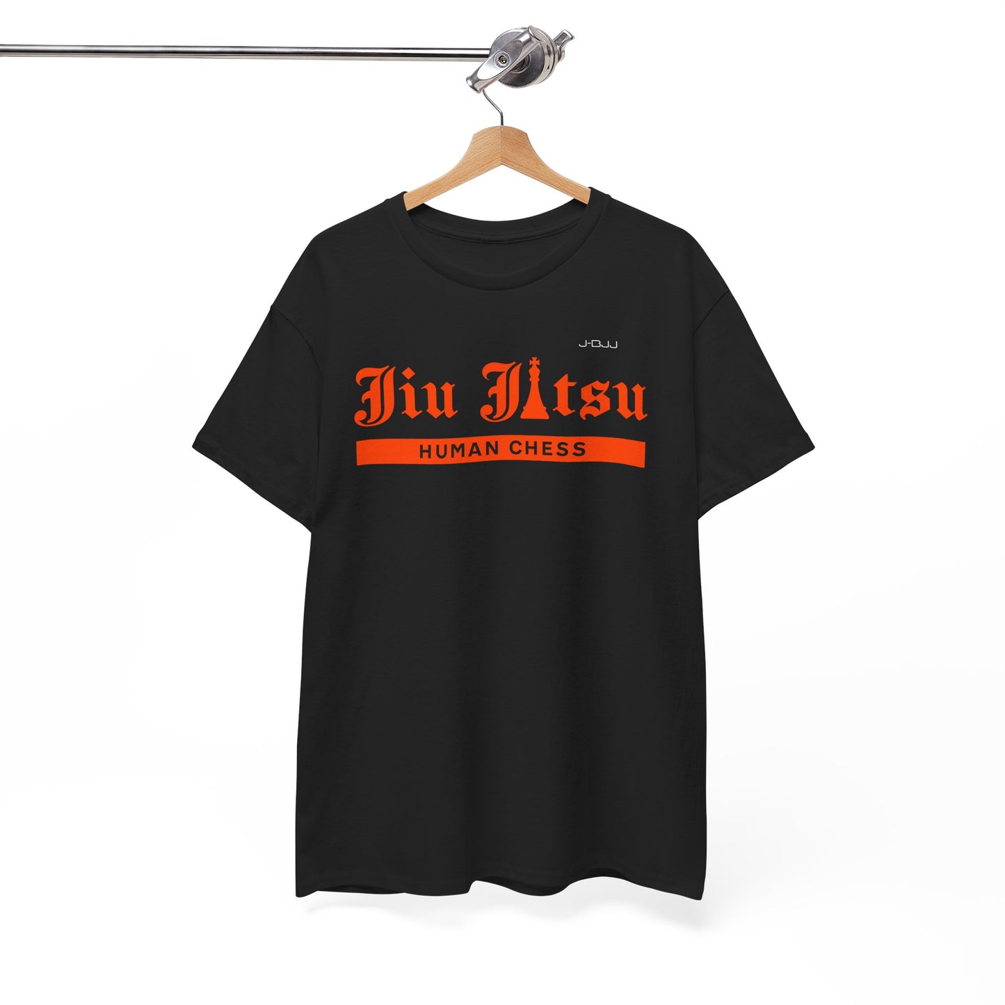 BlackJiu Jitsu t-shirt with orange text on a hanger against a white background