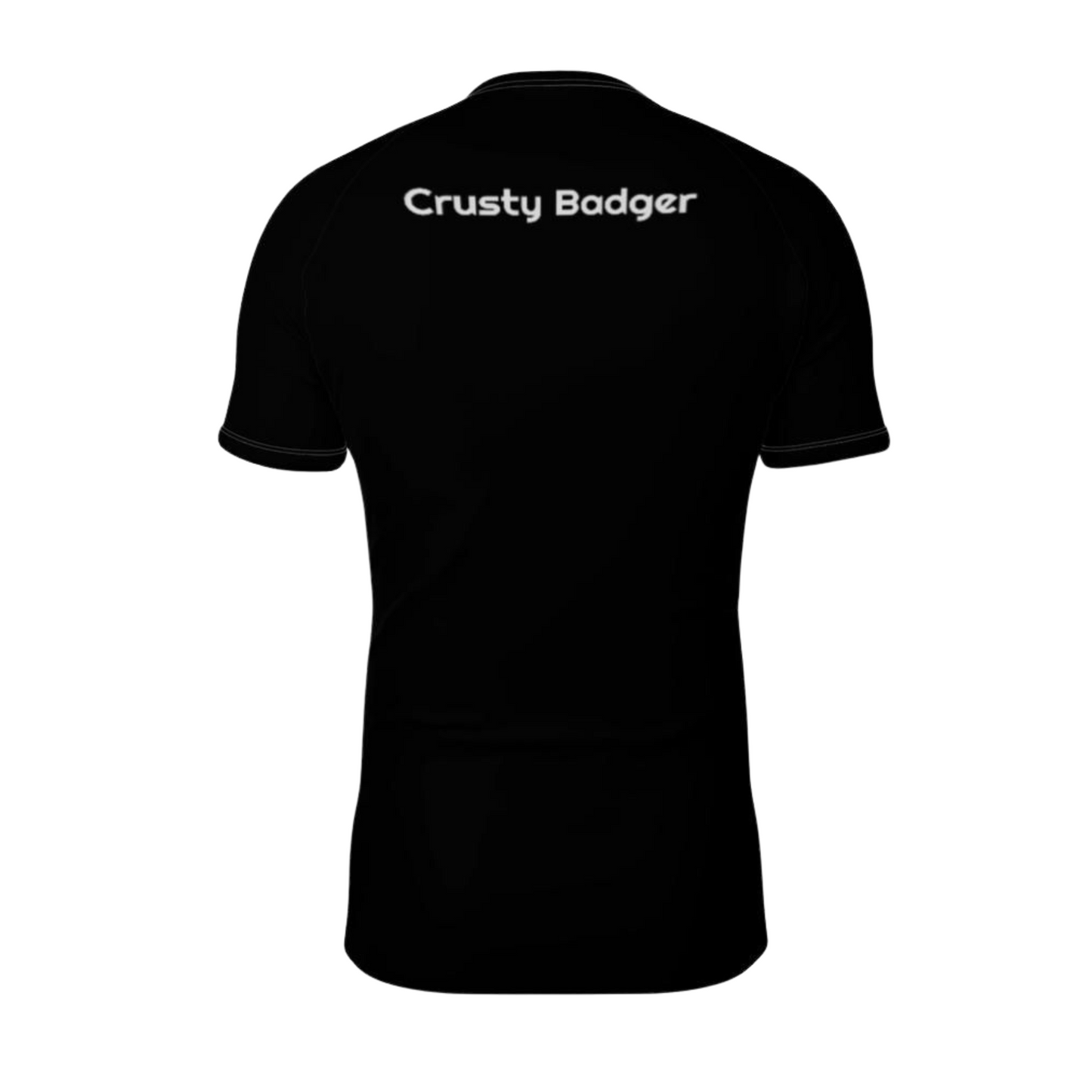 Black jiu jitsu rash guard with 'Crusty Badger' text on a white background