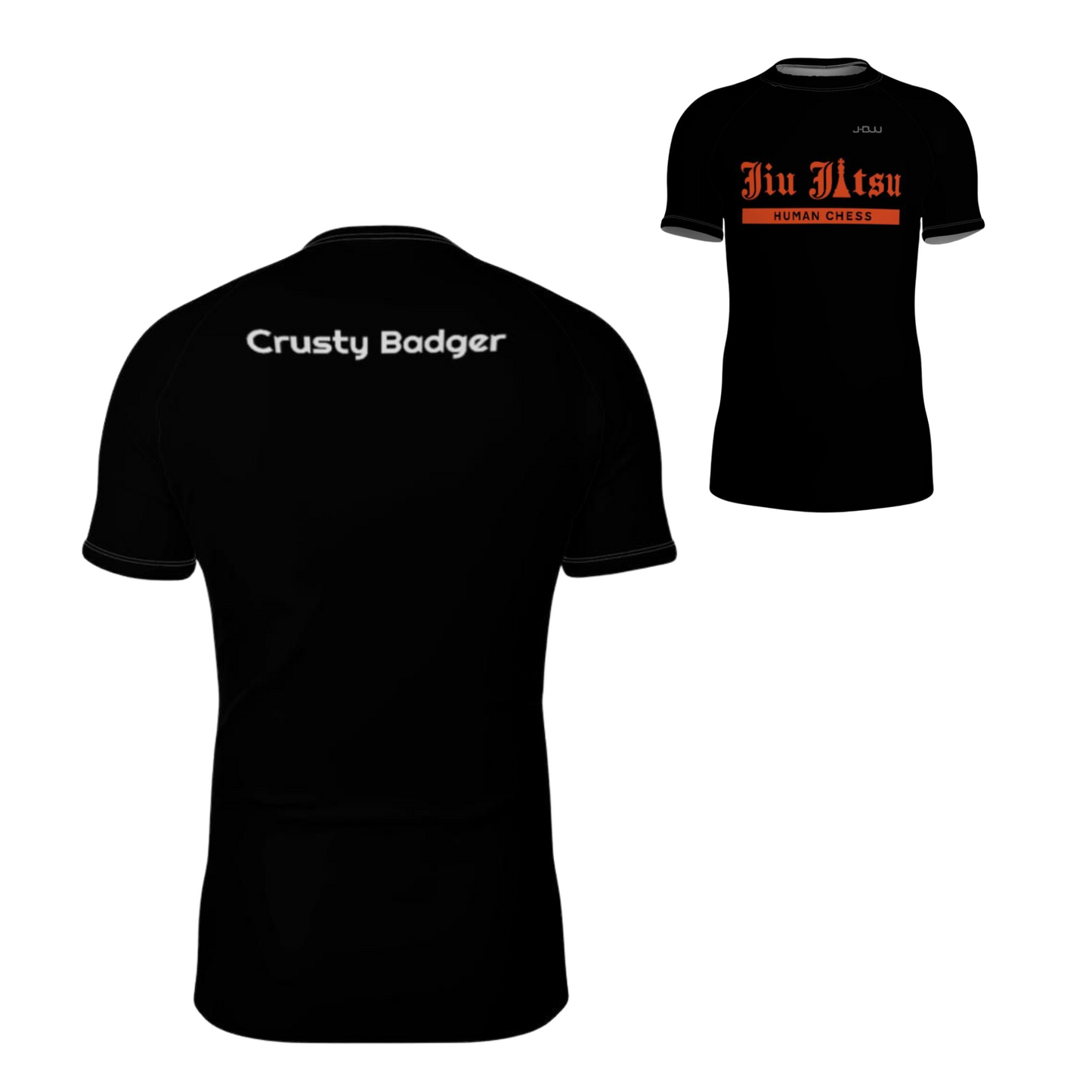 Black t-shirt rash guard 'Crusty Badger' on the back and 'Jiu Jitsu' on the front, displayed from two angles.