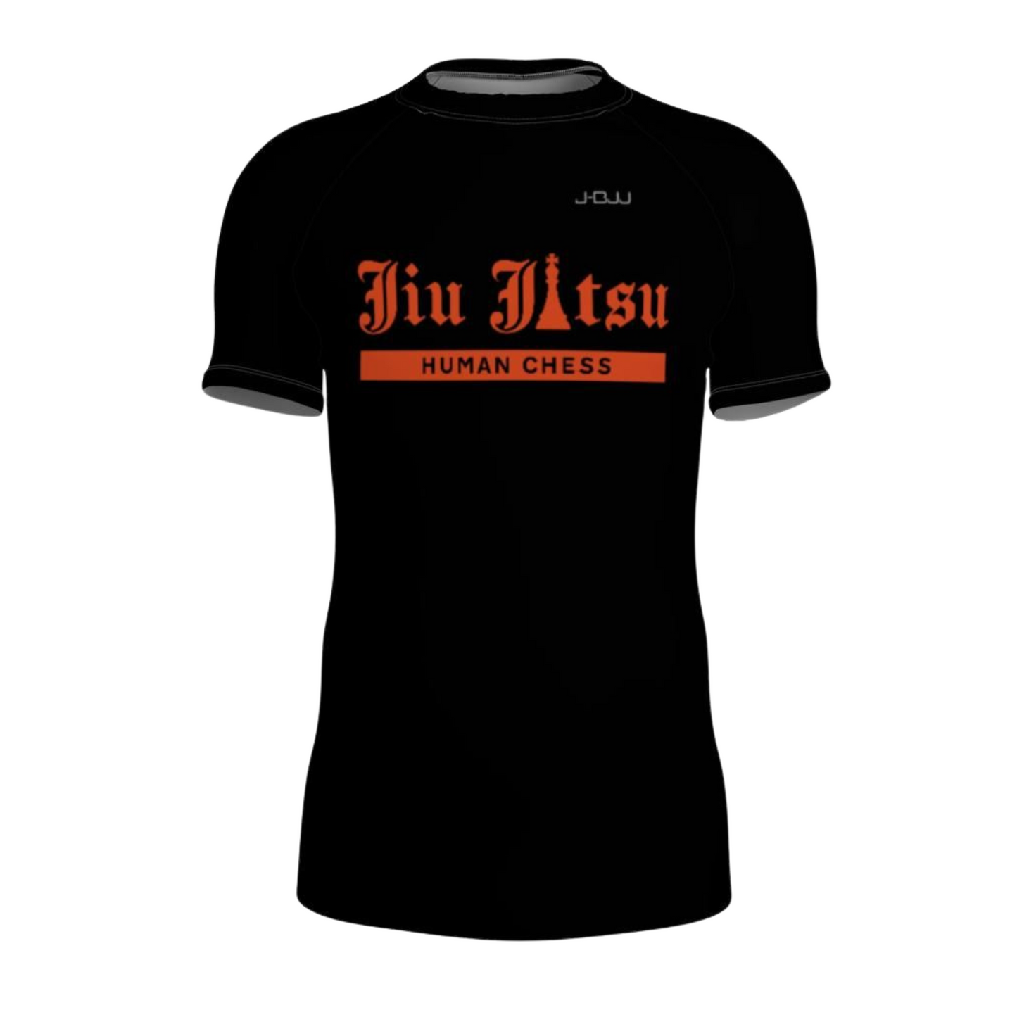 Black rash guard with orange 'Jiu Jitsu Human Chess' text on a white background