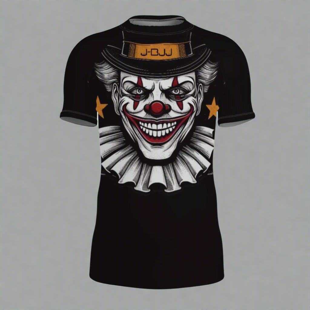 Black BJJ rash guard with a clown graphic design on a white background