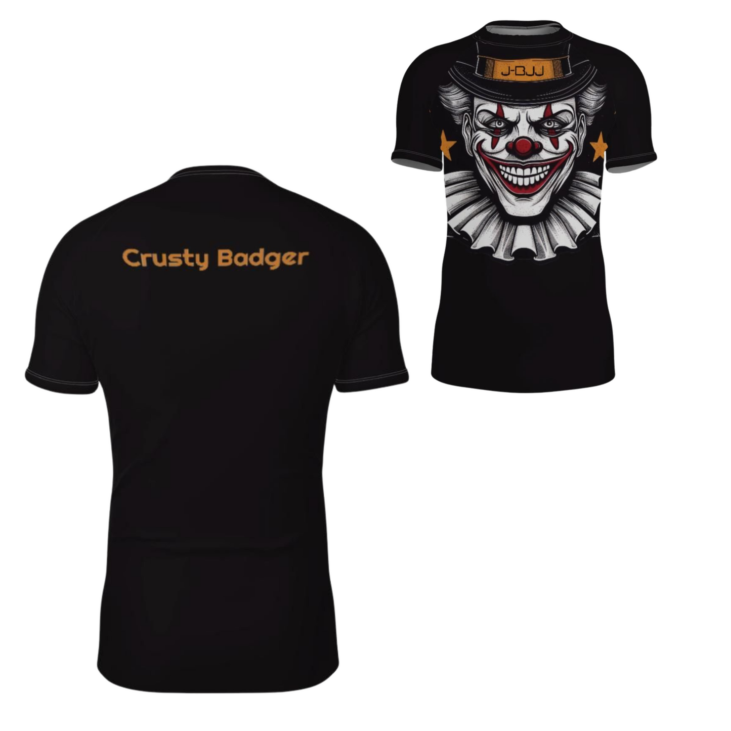 Black rash guard with clown design on front and 'Crusty Badger' text on back, on a white background