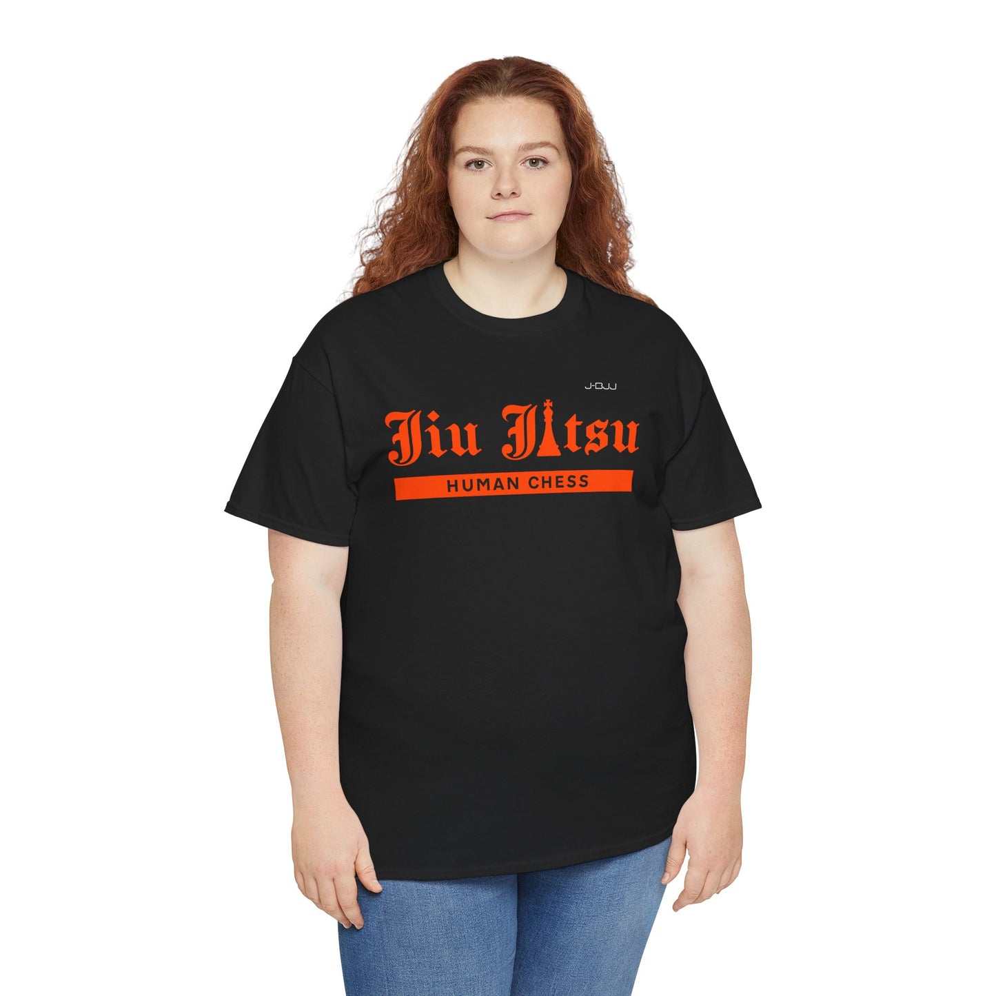 Woman wearing a black Jiu Jitsu t-shirt with orange text on a white background