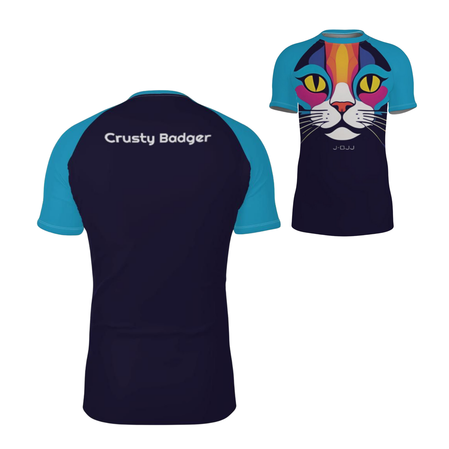Navy blue jiu jitsu rash guard with colorful cat design on front and 'Crusty Badger' personalization on back, displayed on a white background.