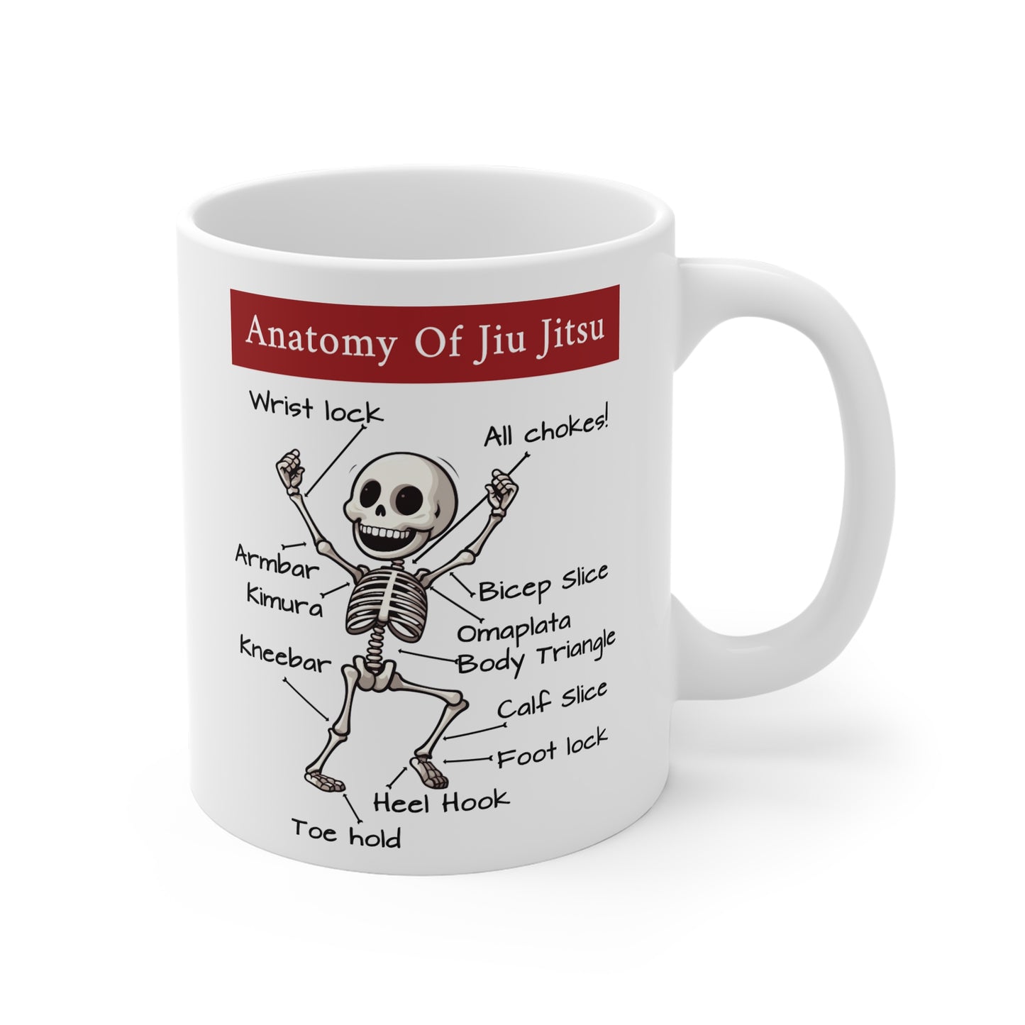 Mug with skeleton illustration and Jiu Jitsu techniques on a white background
