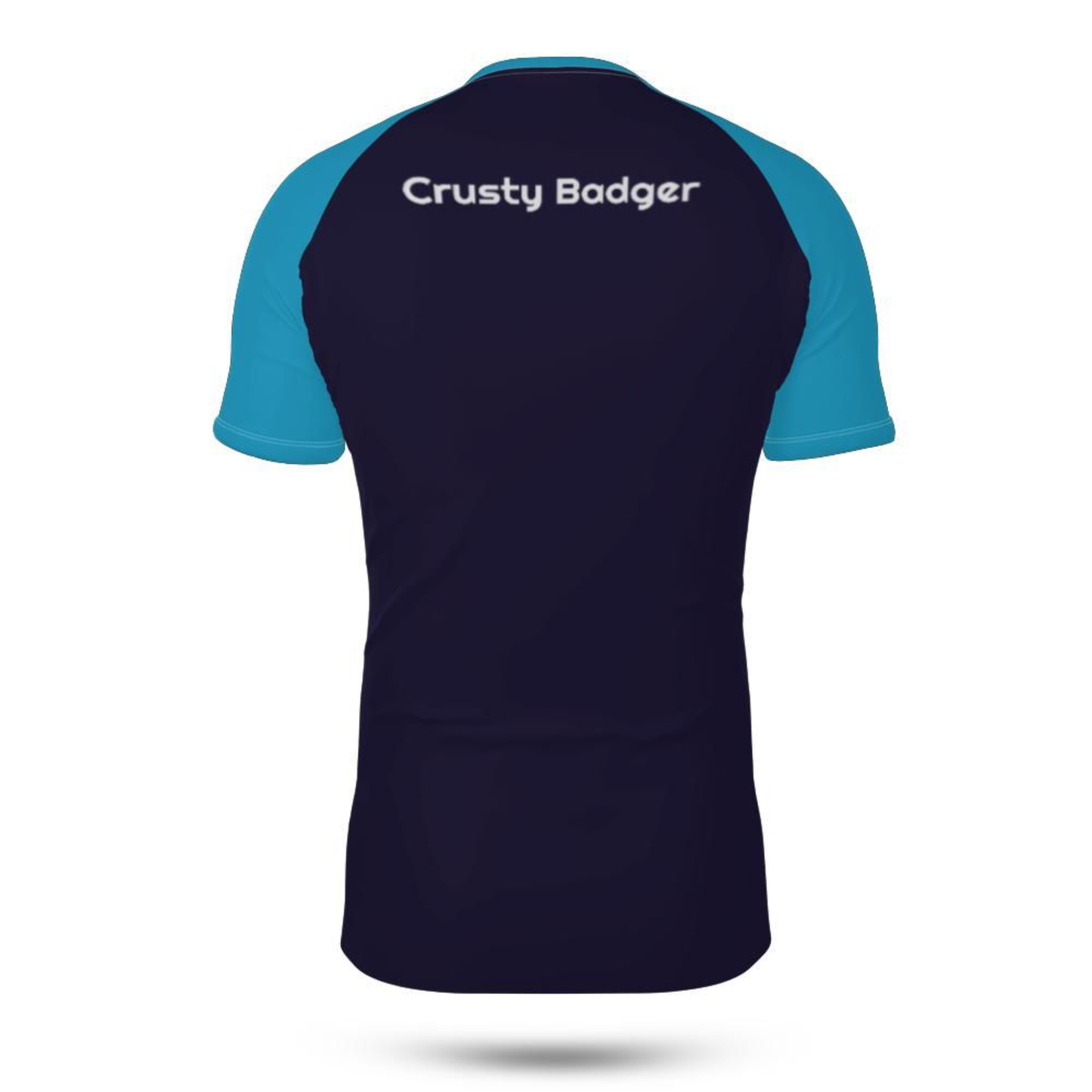 Navy blue jiu jitsu rash guard with blue sleeves and 'Crusty Badger' personalization on a white background