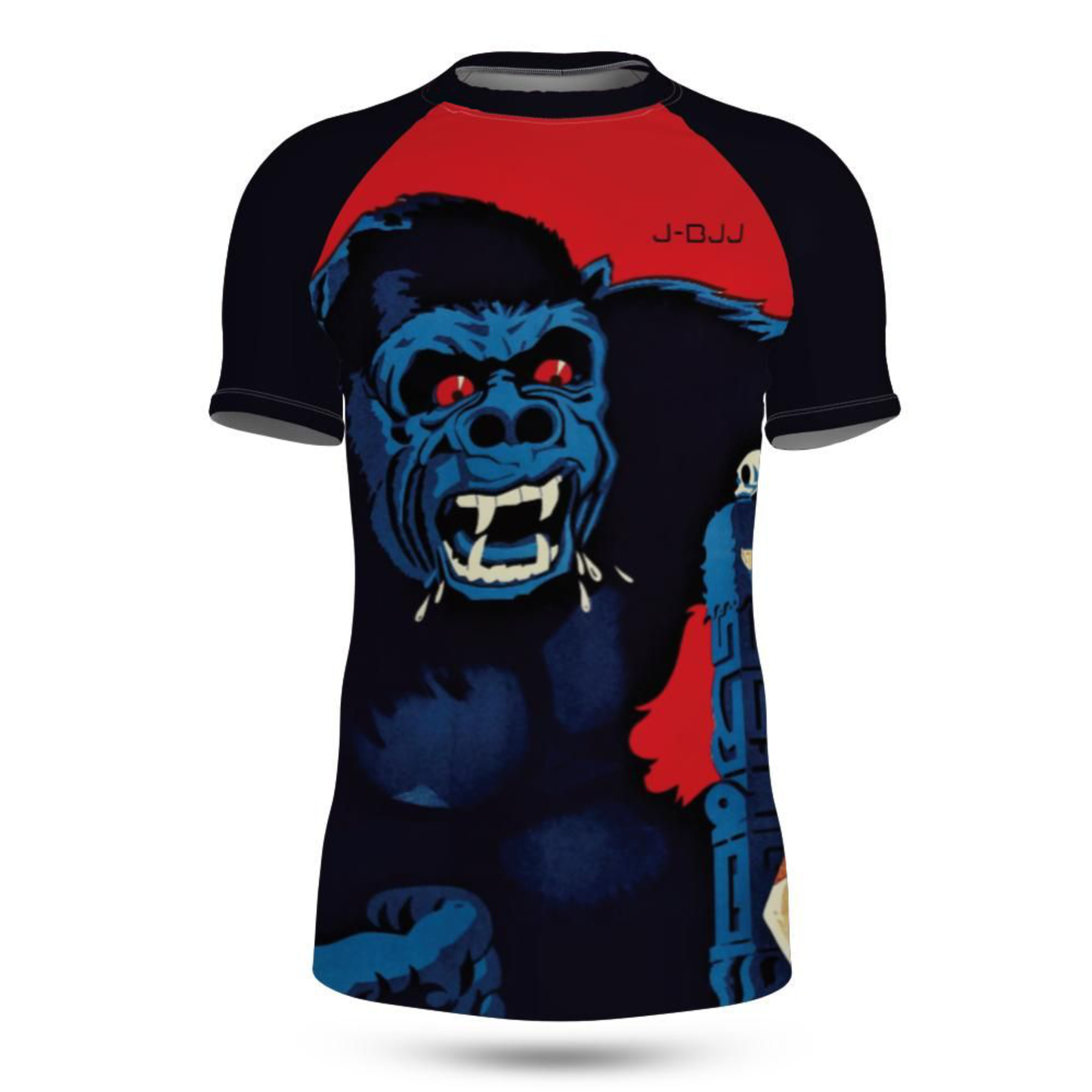 King Kong Gorilla graphic rash guard with red and blue design on a white background