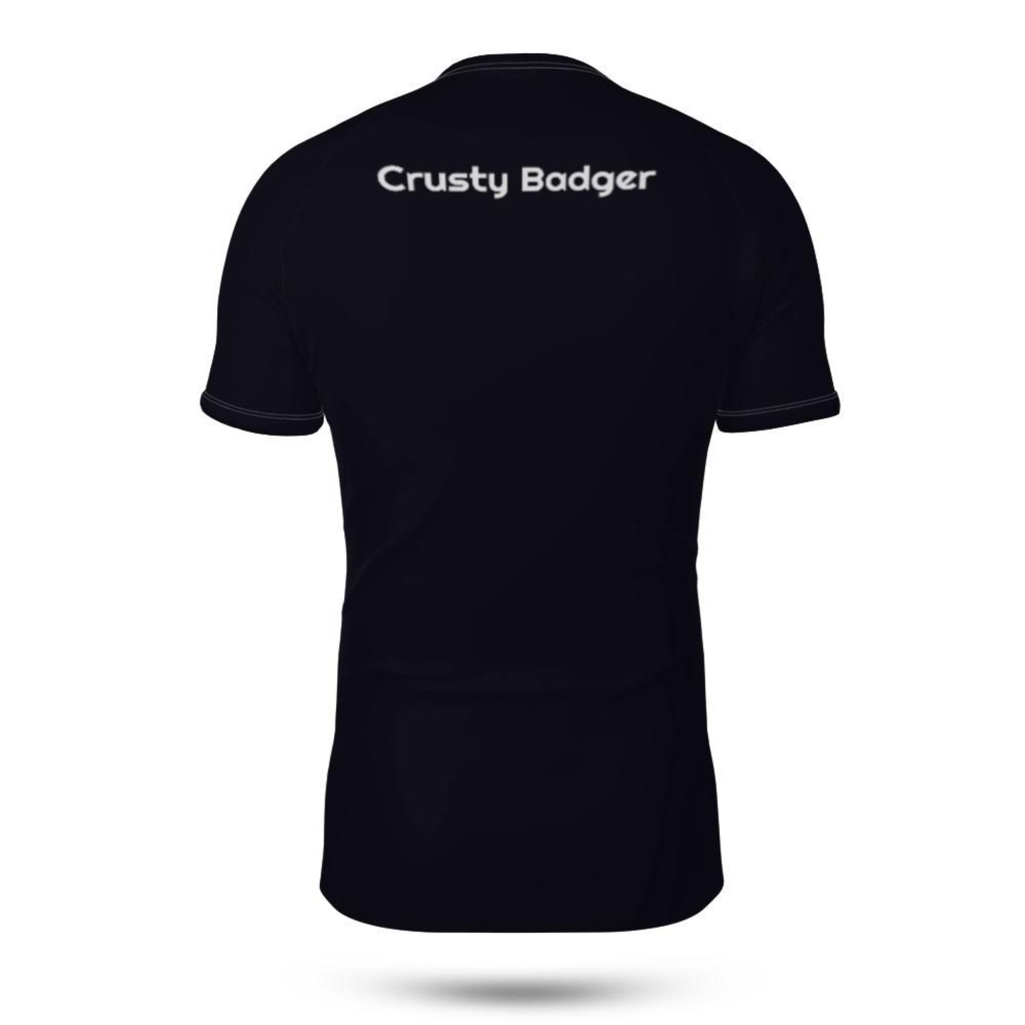 Dark blue personalized BJJ rash guard with 'Crusty Badger' text on the back against a white background