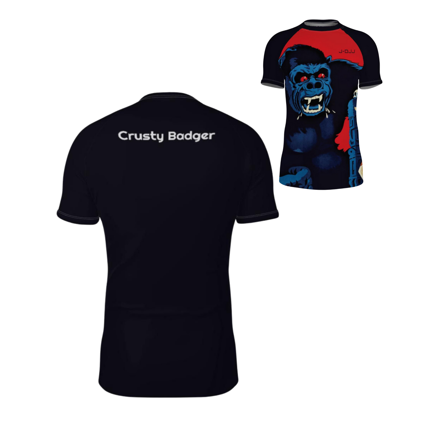 BJJ rash guard with a King Kong graphic design on the front and 'Crusty Badger' branding on the back, displayed on a white background.
