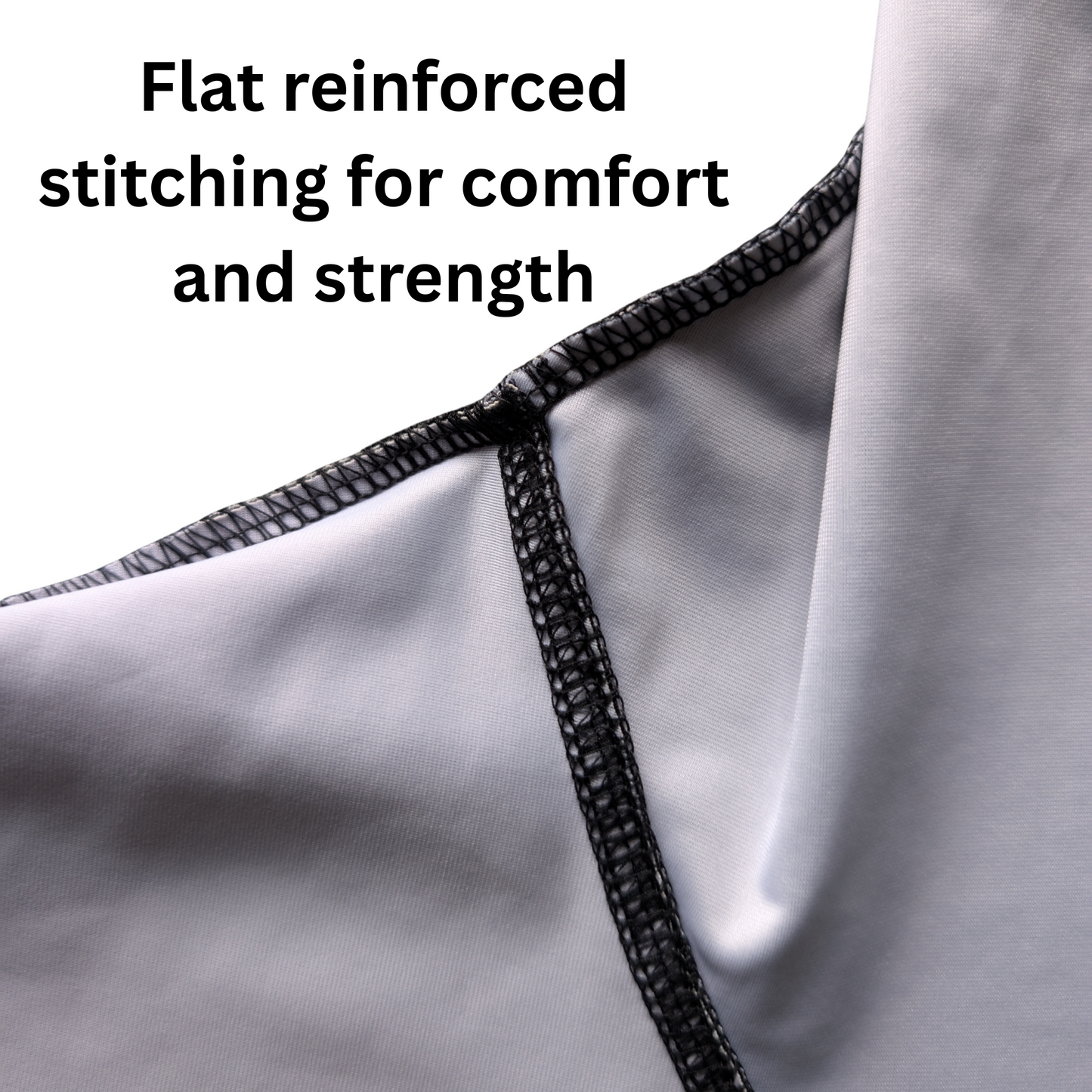 Close-up of flat reinforced stitching on a rash guard with text 'Flat reinforced stitching for comfort and strength'.
