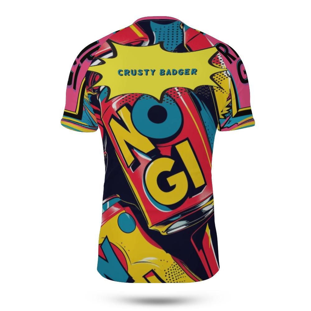 Colorful athletic BJJ rash guard with 'Crusty Badger' personalization on a white background