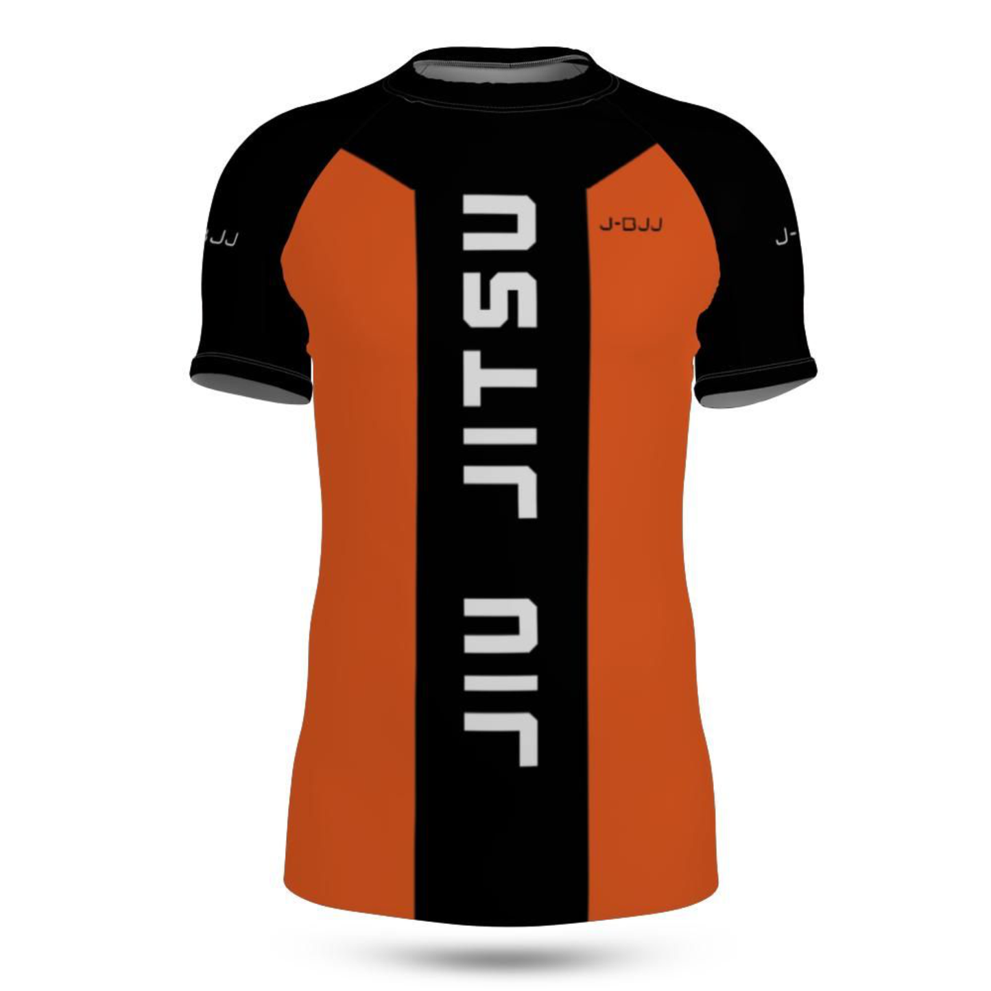 Black and orange rash guard with 'JIU JITSU' text on a white background