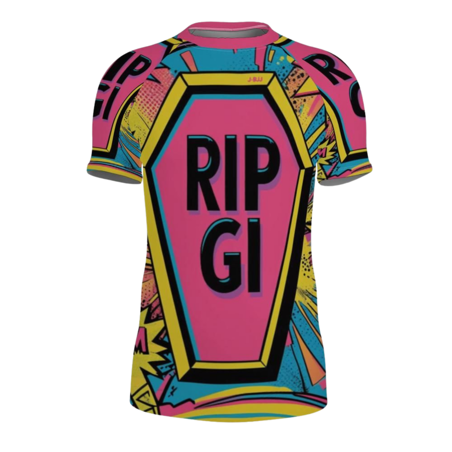 Colorful rash guard with 'RIP GI' design on a white background