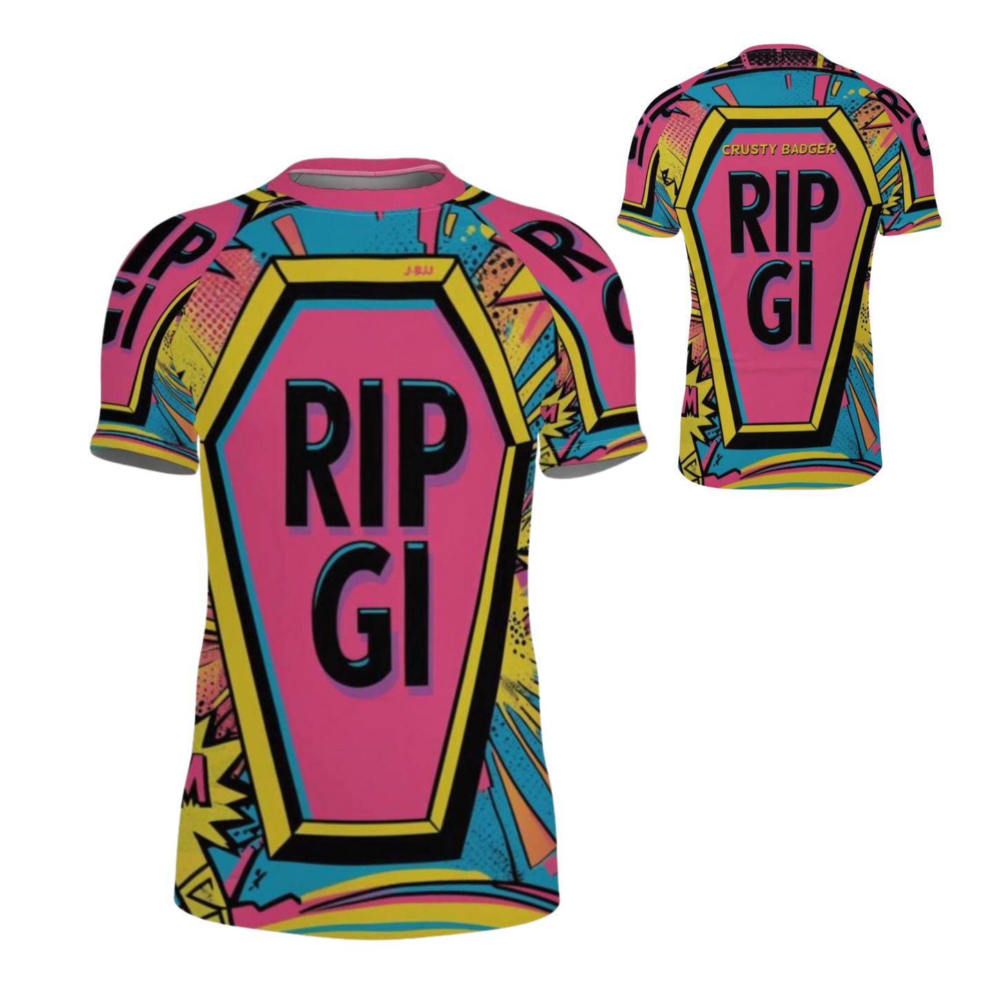 Colorful 'RIP GI' rash guard with geometric patterns on a white background