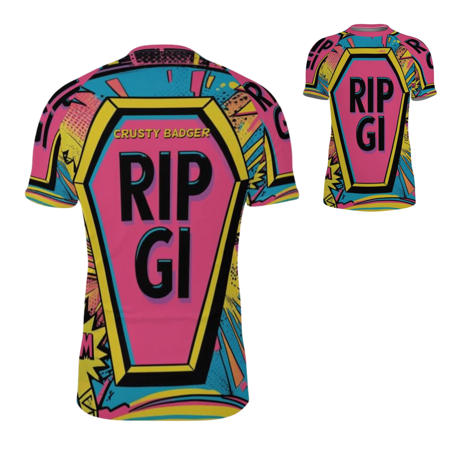 Colorful graphic BJJ rash guard with 'RIP GI' text on a white background