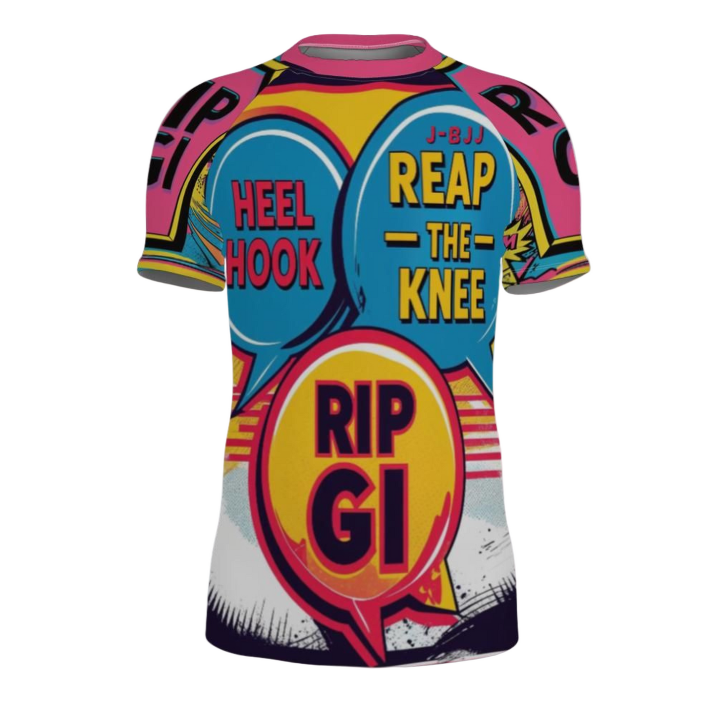 Colorful graphic bjj rash guard with text on a gray background