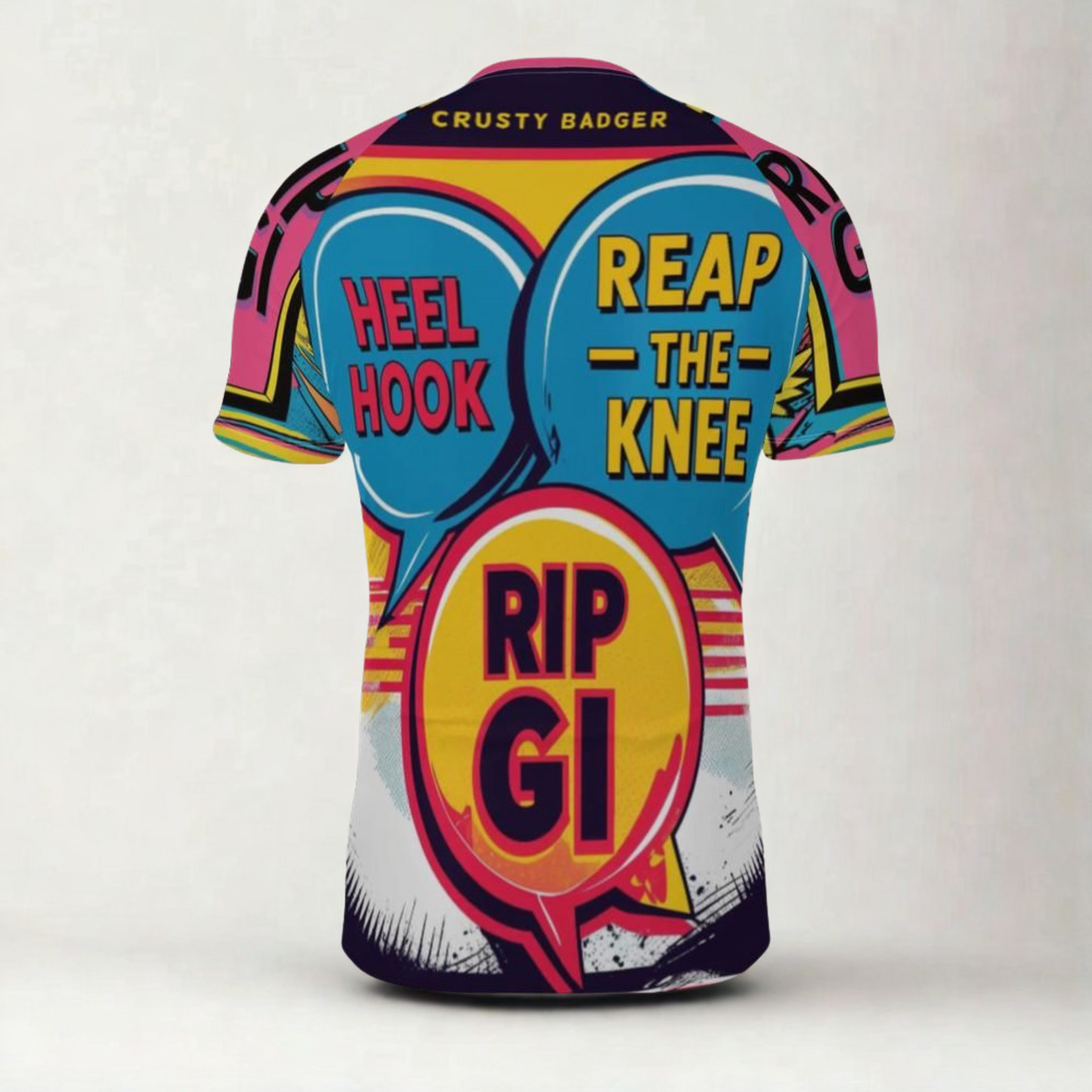 Colorful graphic rash guard with text and speech bubbles on a white background