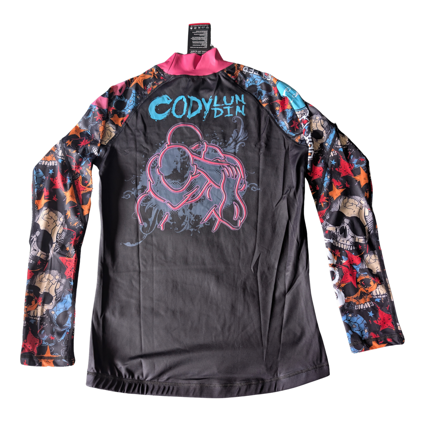 Black long-sleeve rash guard with colorful sleeves and 'Cody Lundin' branding on a white background