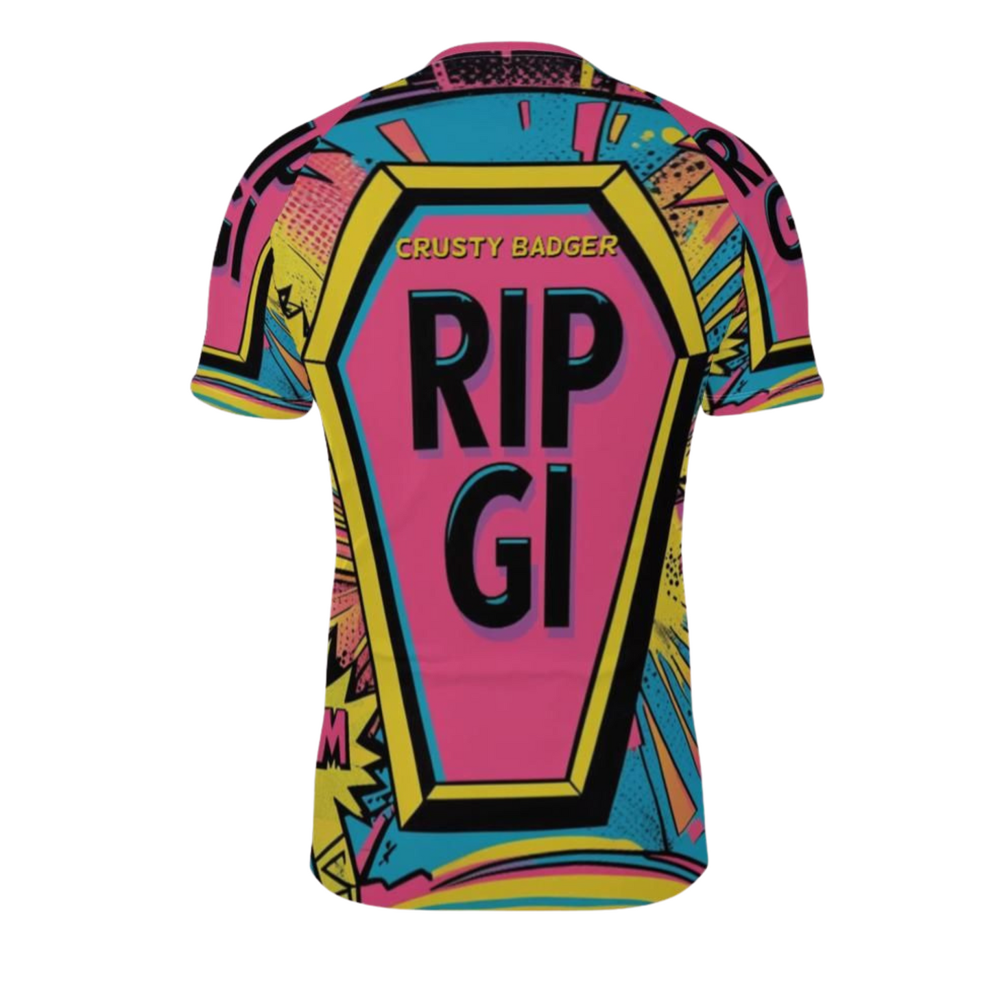 Colorful rash guard for BJJ with 'RIP GI' text on a white background