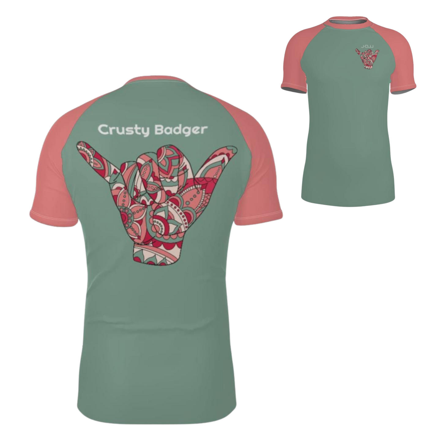 Green and pink rash guard with a shaka hand gesture design and 'Crusty Badger' text on a white background