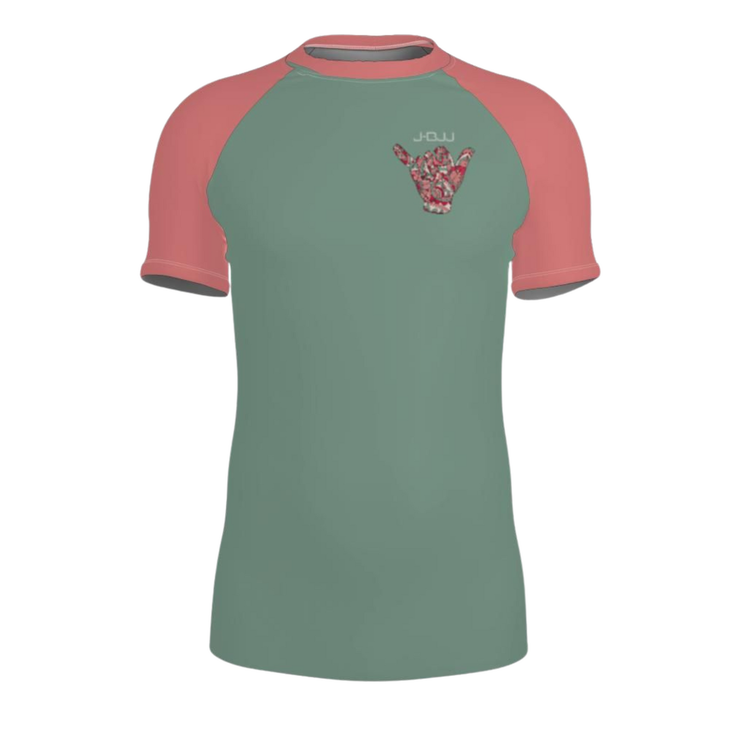 Green and pink short-sleeve rash guard with a logo on a white background
