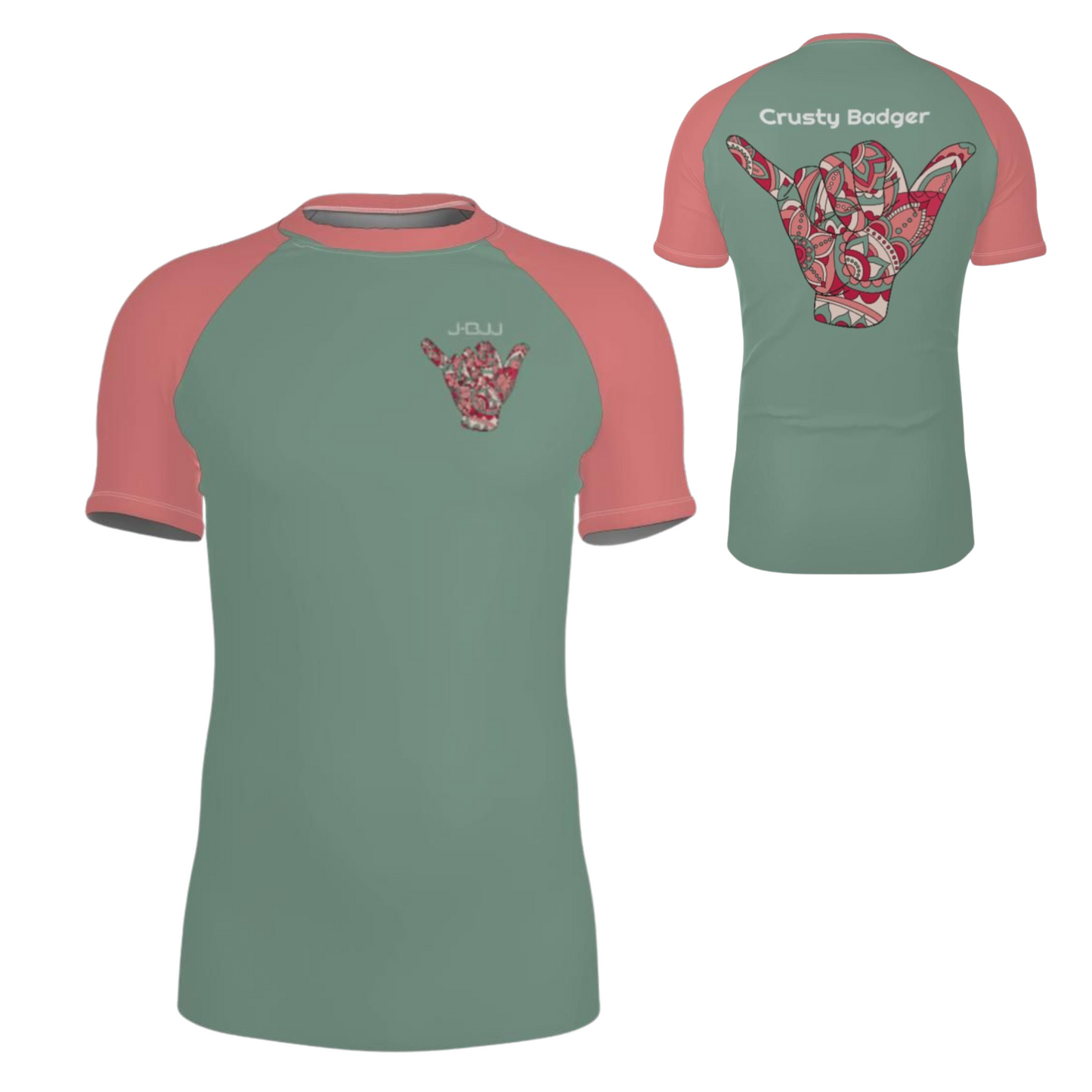 Green and red bjj rash guard floral hand designs on a white background