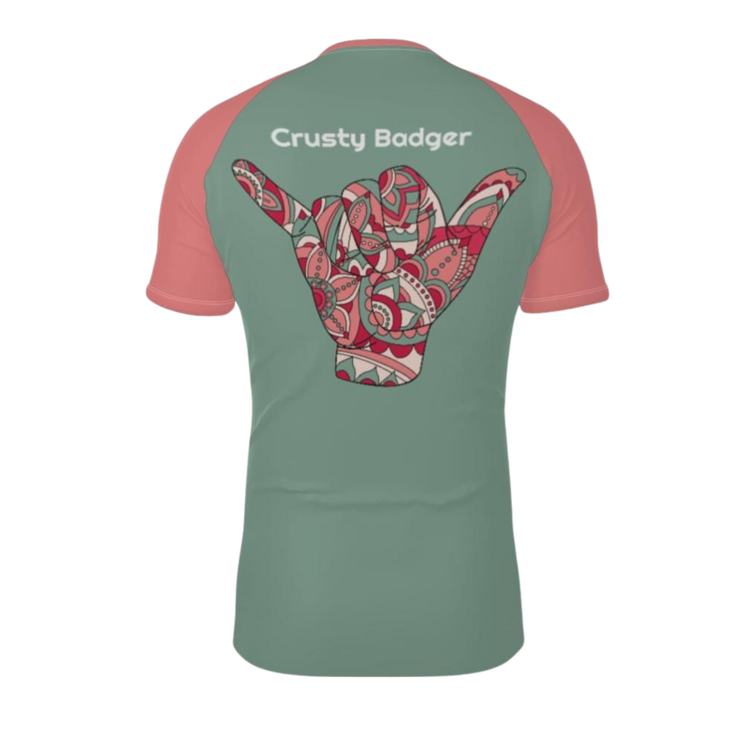 Green and pink jiu jitsu rash guard with a hand gesture shaka design and 'Crusty Badger' text on the back.