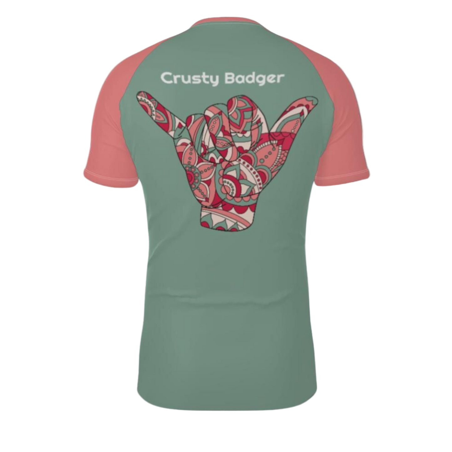 Green and pink BJJ rash guard with a colorful design and 'Crusty Badger' text on the back.