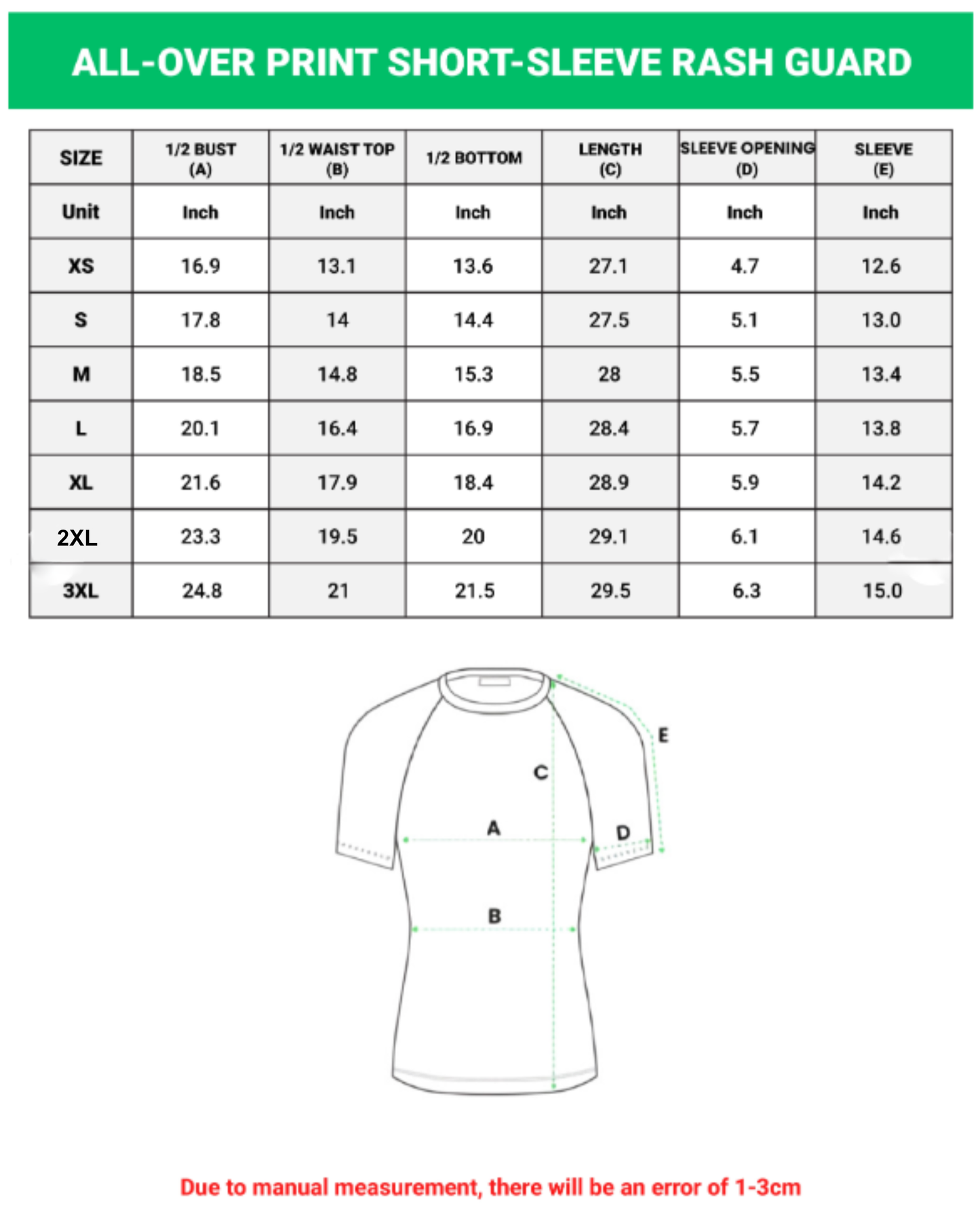 Size chart for an all-over print short-sleeve rash guard with a diagram of the garment.