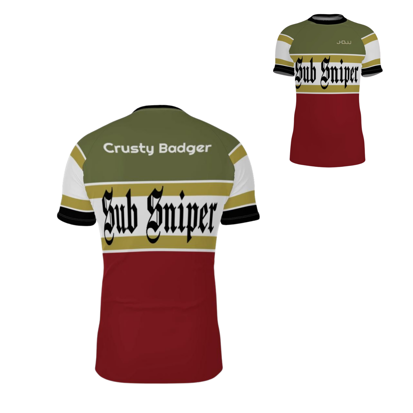 Two bjj rash guards, red, green and white. One rear view'Crusty Badger' text, the other front view 'Sub Sniper' text, on a white background.