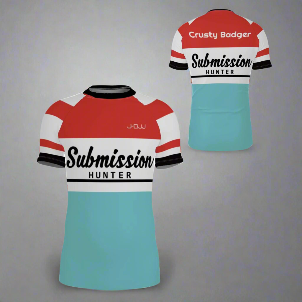 Two bjj rash guards with 'Submission Hunter' branding on a white background