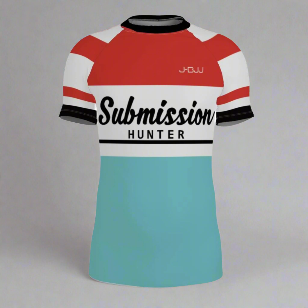 BJJ rash guard with 'Submission Hunter' text on a white background
