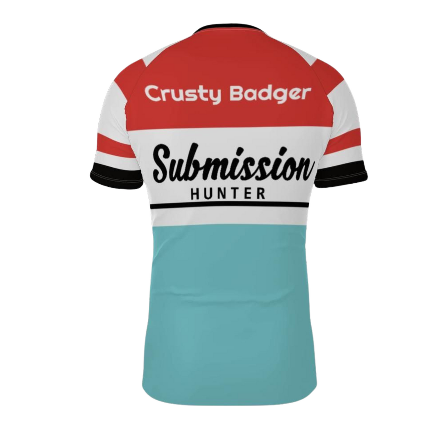 Colorful BJJ rash guard with 'Crusty Badger' and 'Submission Hunter' text on a white background