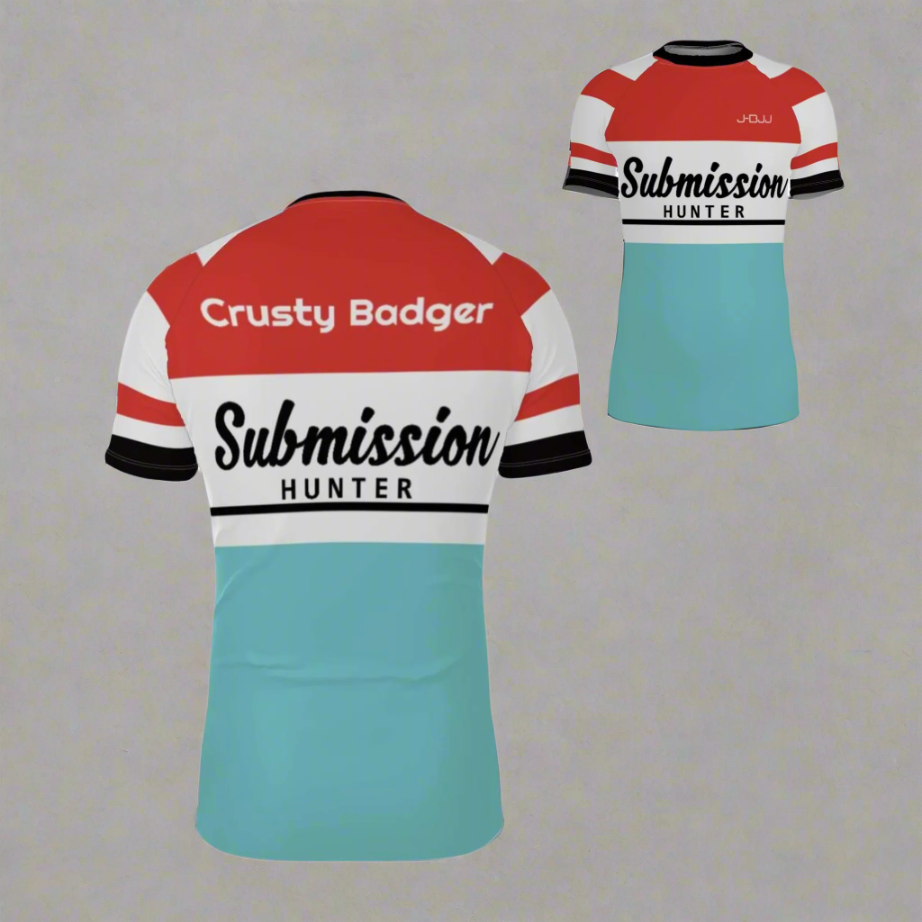 Two bjj rash guards with 'Crusty Badger' and 'Submission Hunter' branding on a white background.