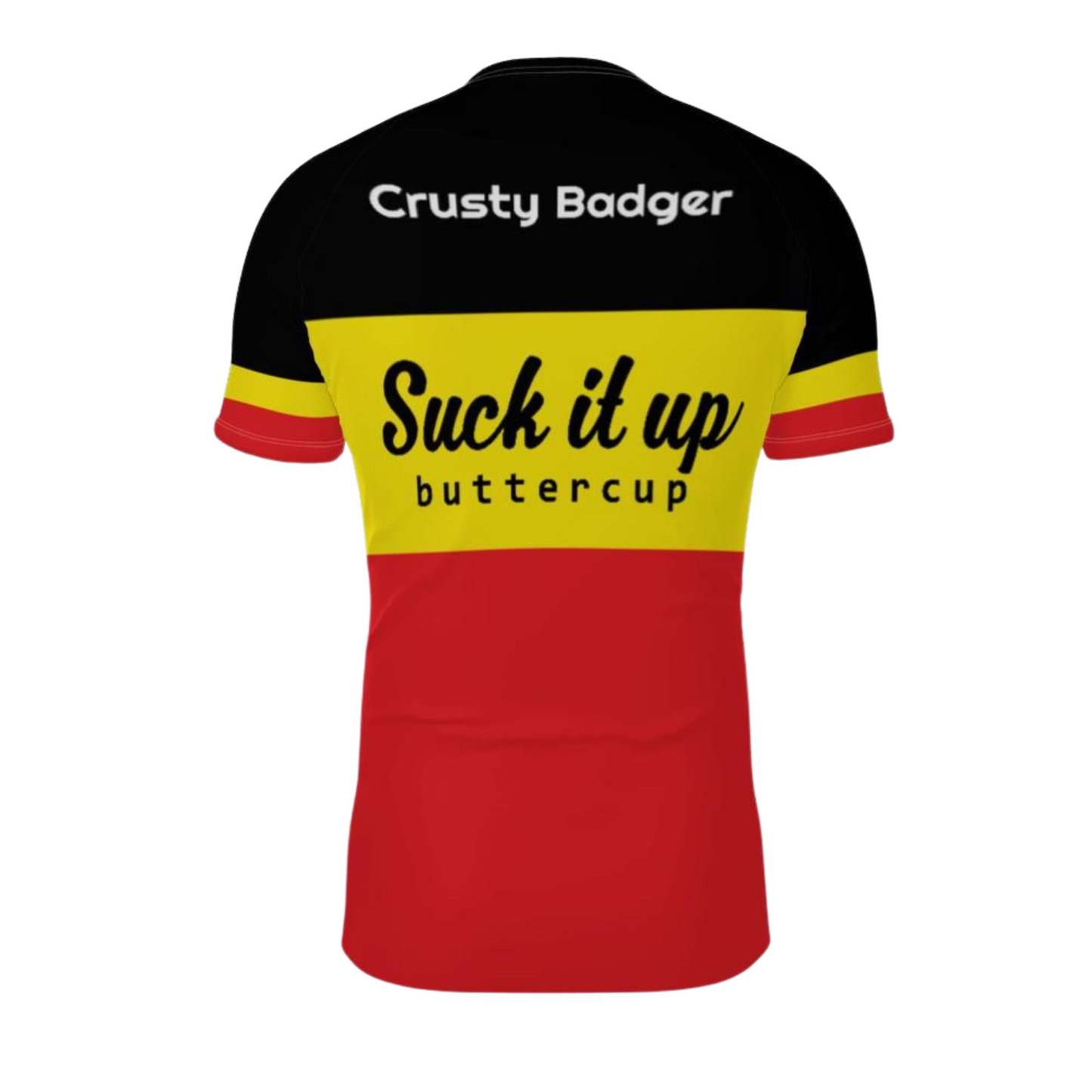 Black, yellow, and red jiu jitsu rash guard with text on a white background