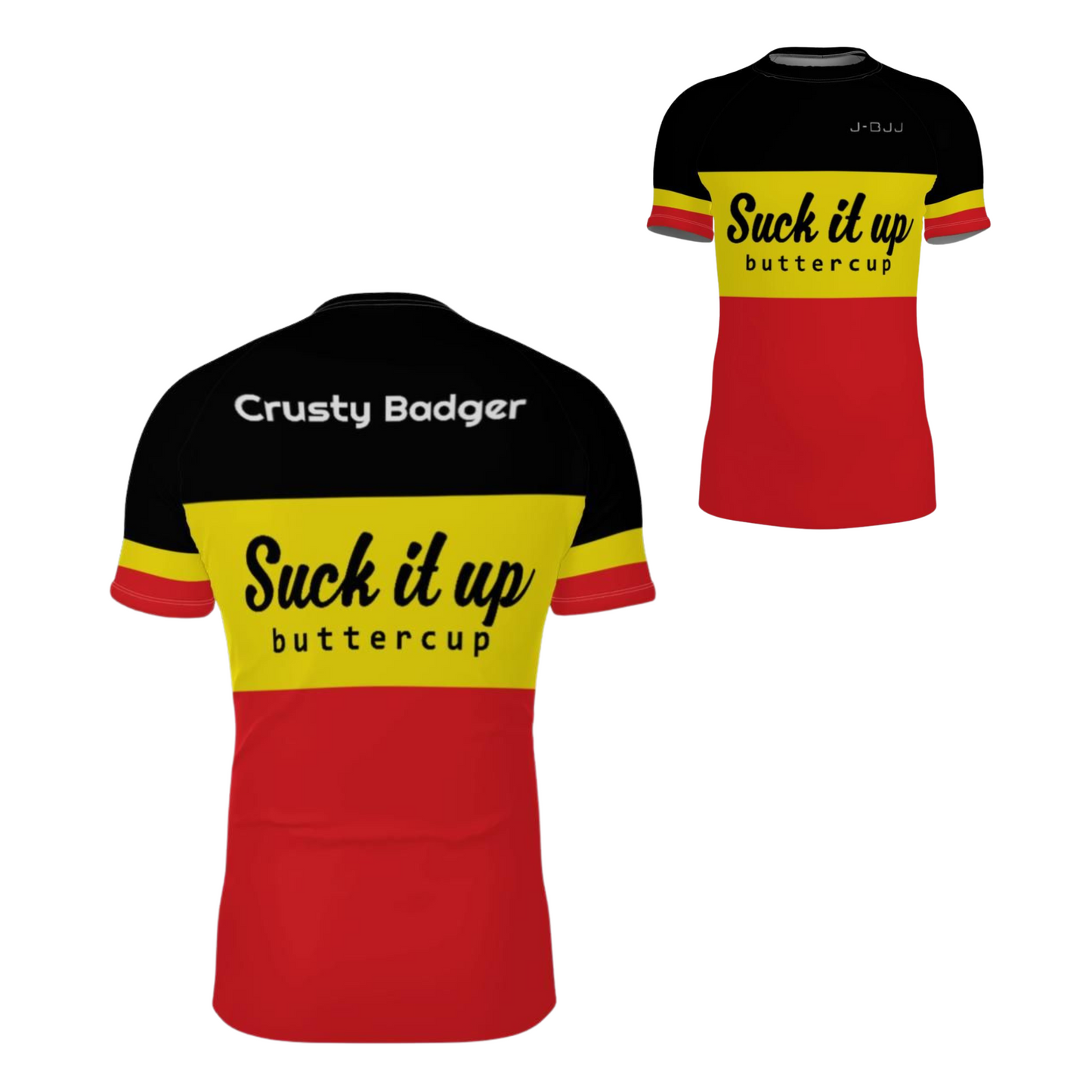 Black, yellow, and red bjj rashguards with text on a white background
